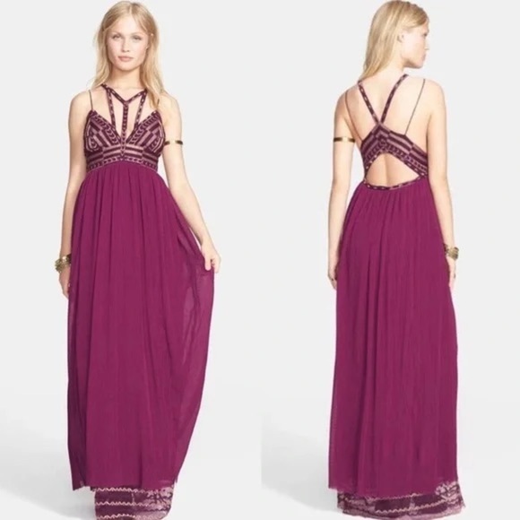 Free People Dresses & Skirts - Free People Sacred Geometry Dahlia Combo Boho Maxi Plum Gold Metallic Dress SZ 0